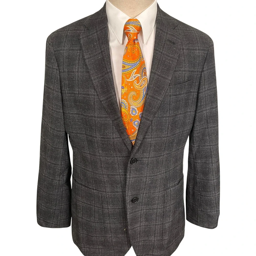 Nordstrom Blazer Mens 40R Gray Plaid Tollegno 1900  Trim Fit Italian Wool Jacket